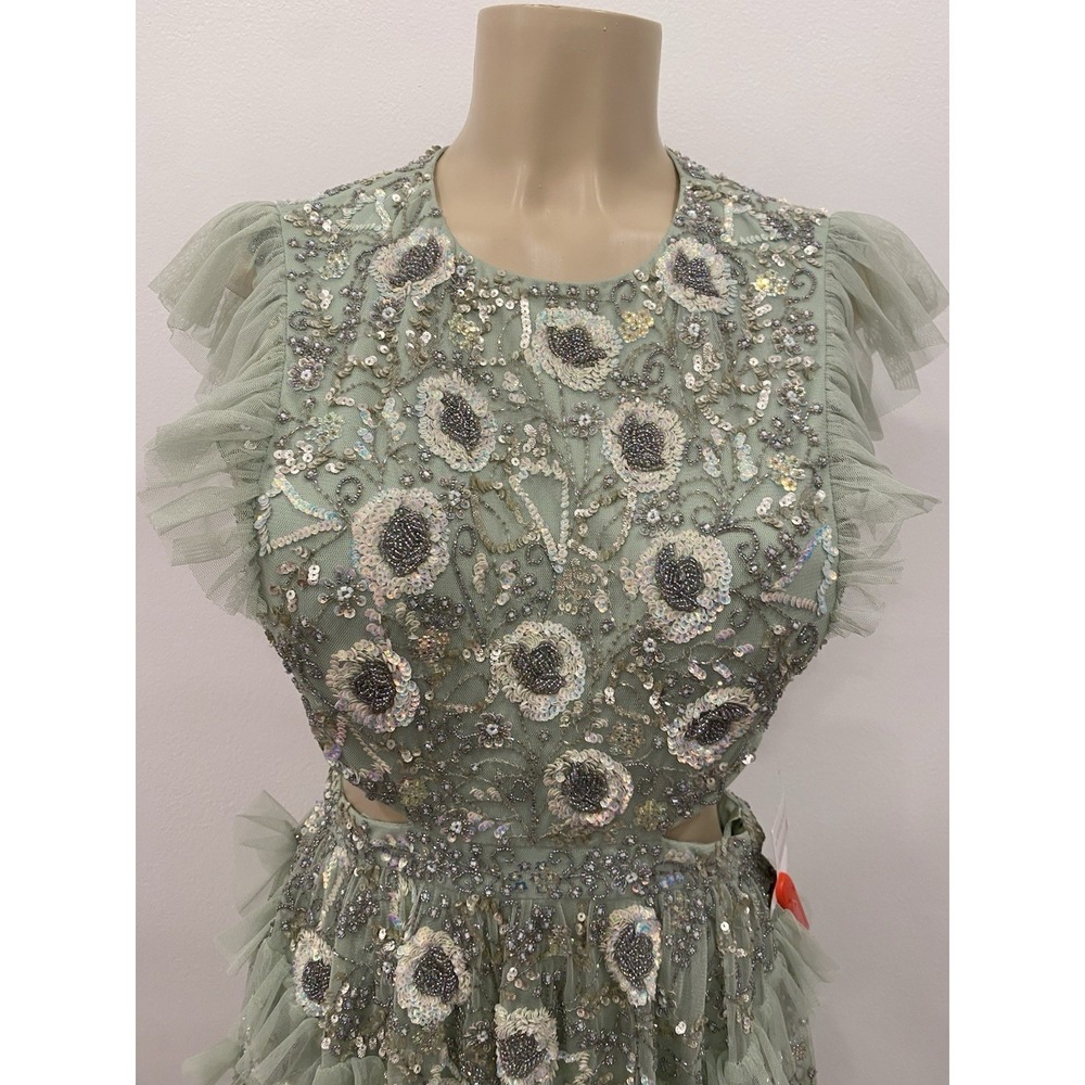 Mac Duggal 35101 Dress Seafoam Green Floral Mini Cutout Waist Sequin Beaded SZ 6 - Picture 5 of 12